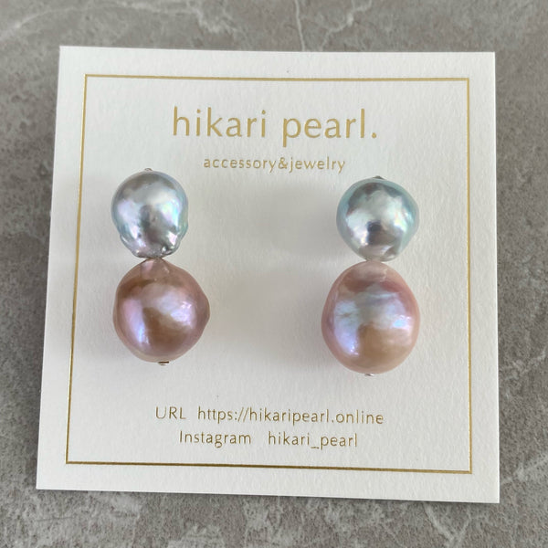 natural blue akoya pink  pearl twin  pearl ピアス イヤリング - hikari pearl.