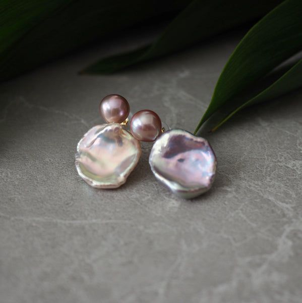 k18 natural  white pearl twin ピアス - hikari pearl.