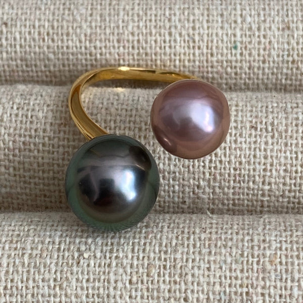 一点もの natural color pink Tahiti  double  pearl リング - hikari pearl.