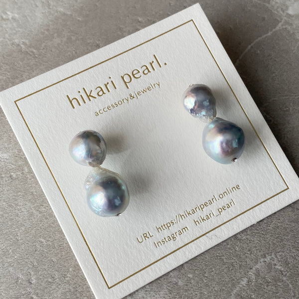 natural blue Akoya twin  pearl ピアス イヤリング - hikari pearl.