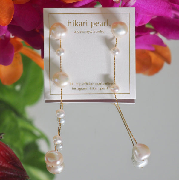 14kgf  fresh water  pearl asymmetry long ピアス イヤリング - hikari pearl.