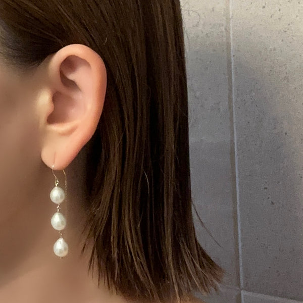 k18 tear drop 3  pearl hook chain wadding ピアス