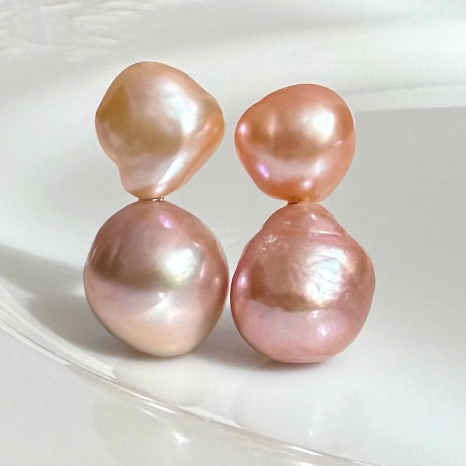 一点もの　k18 sunset color double  pearl ピアス - hikari pearl.