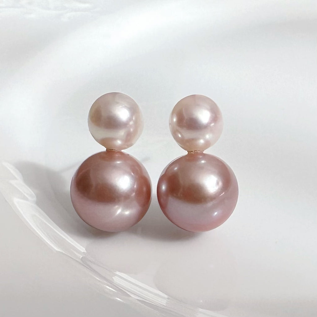 一点もの　k18 Akoya pink  pearl double  pearl ピアス - hikari pearl.