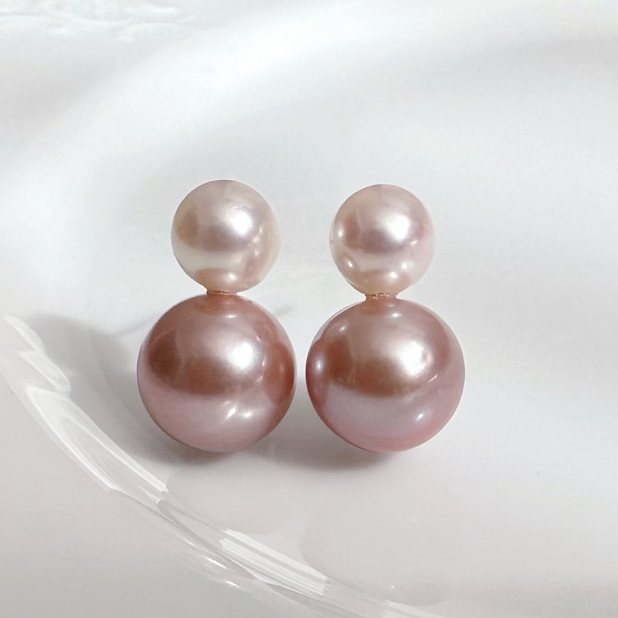 一点もの　k18 Akoya pink  pearl double  pearl ピアス - hikari pearl.