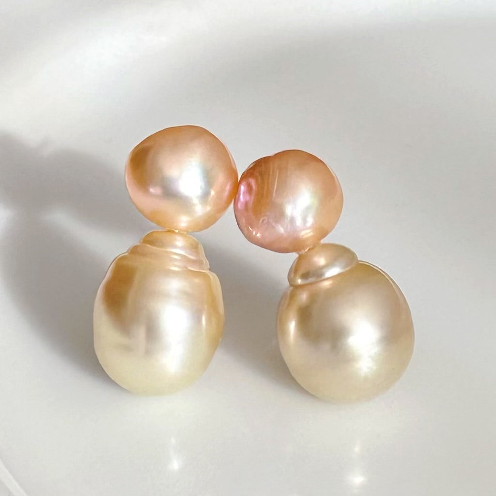 一点もの　k18 champagne color South Sea pearl ピアス - hikari pearl.