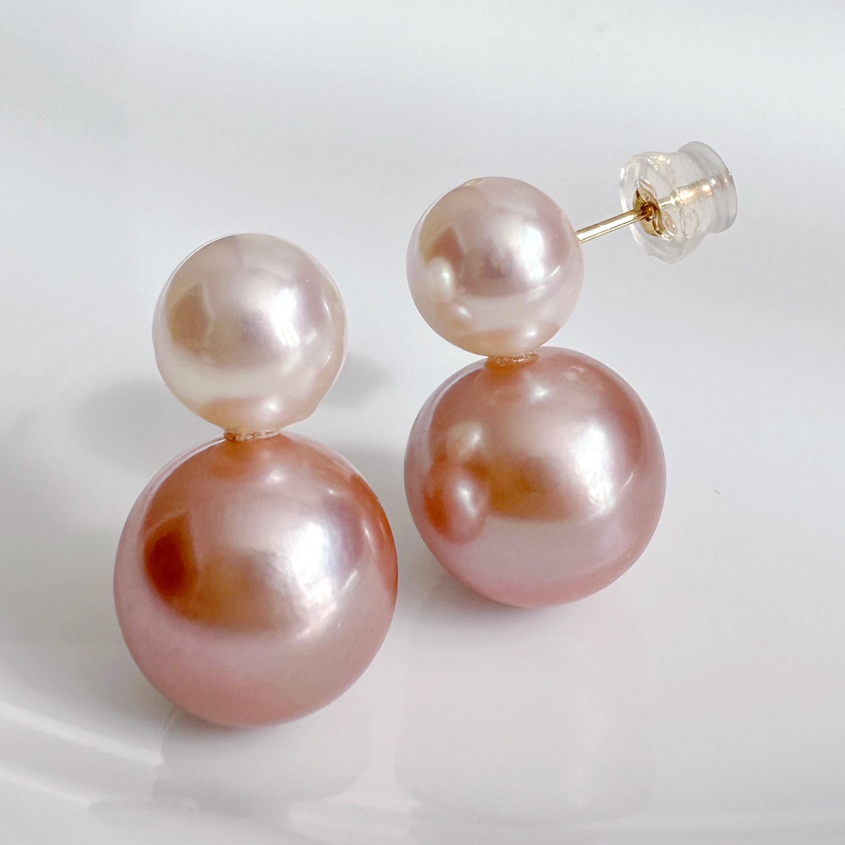 一点もの　k18 Akoya pink  pearl double  pearl ピアス - hikari pearl.