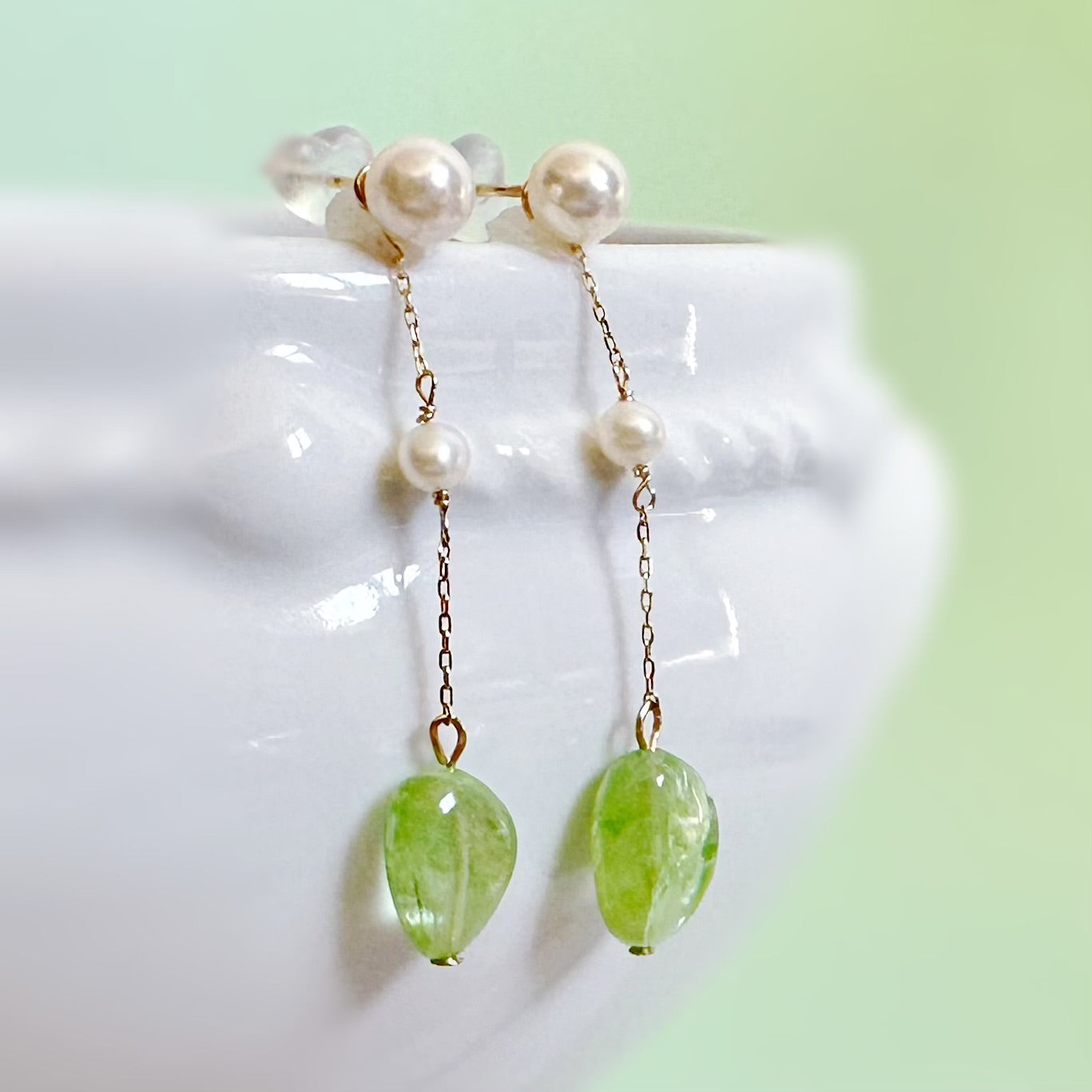 k10/k18 peridot  pearl station charm ピアス　イヤリング