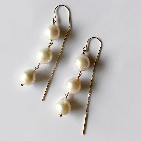 k18 tear drop 3  pearl hook chain wadding ピアス