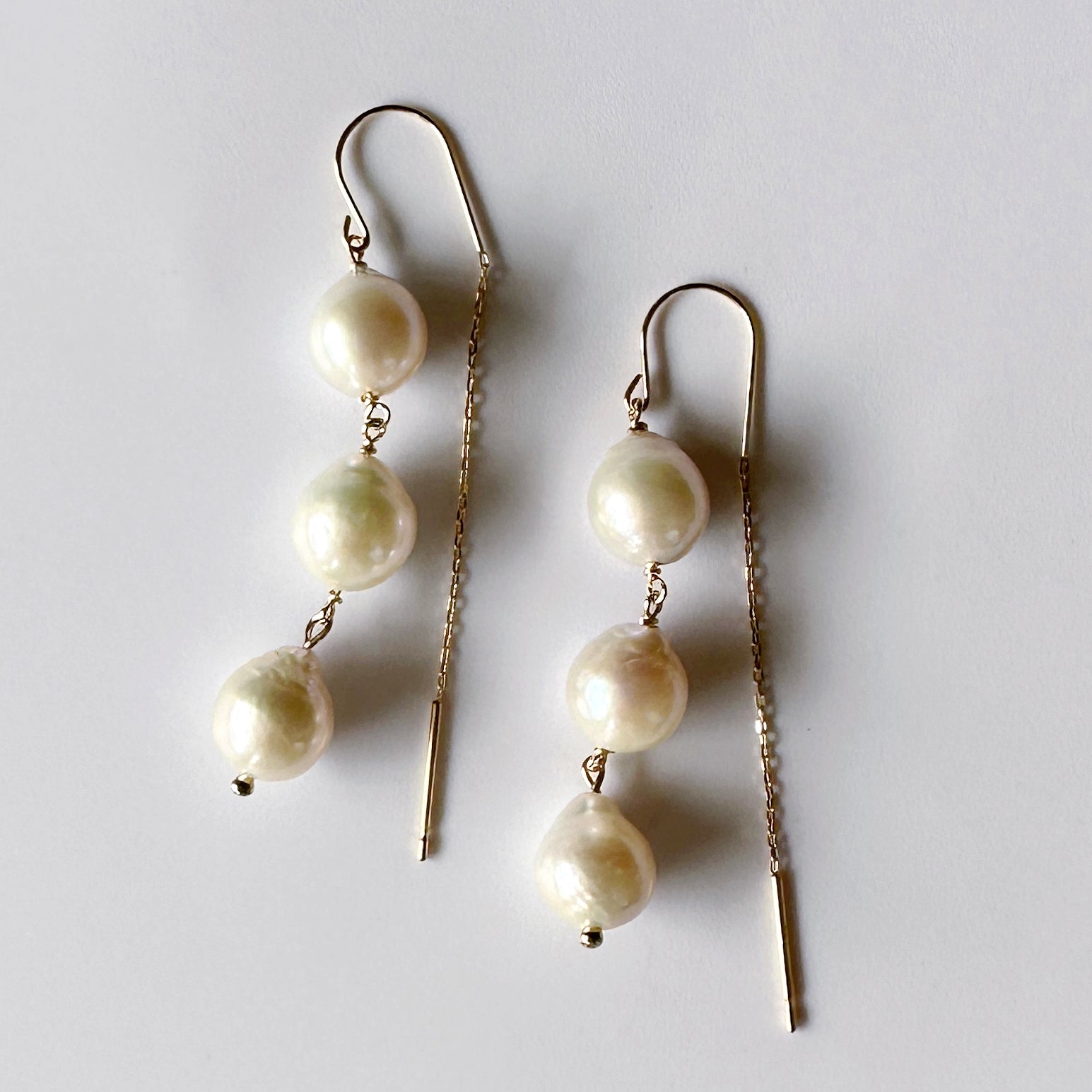 k18 tear drop 3  pearl hook chain wadding ピアス