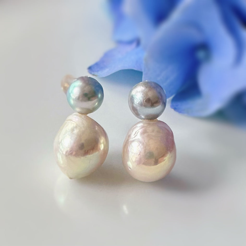 natural blue akoya twin  pearl ピアス　イヤリング - hikari pearl.