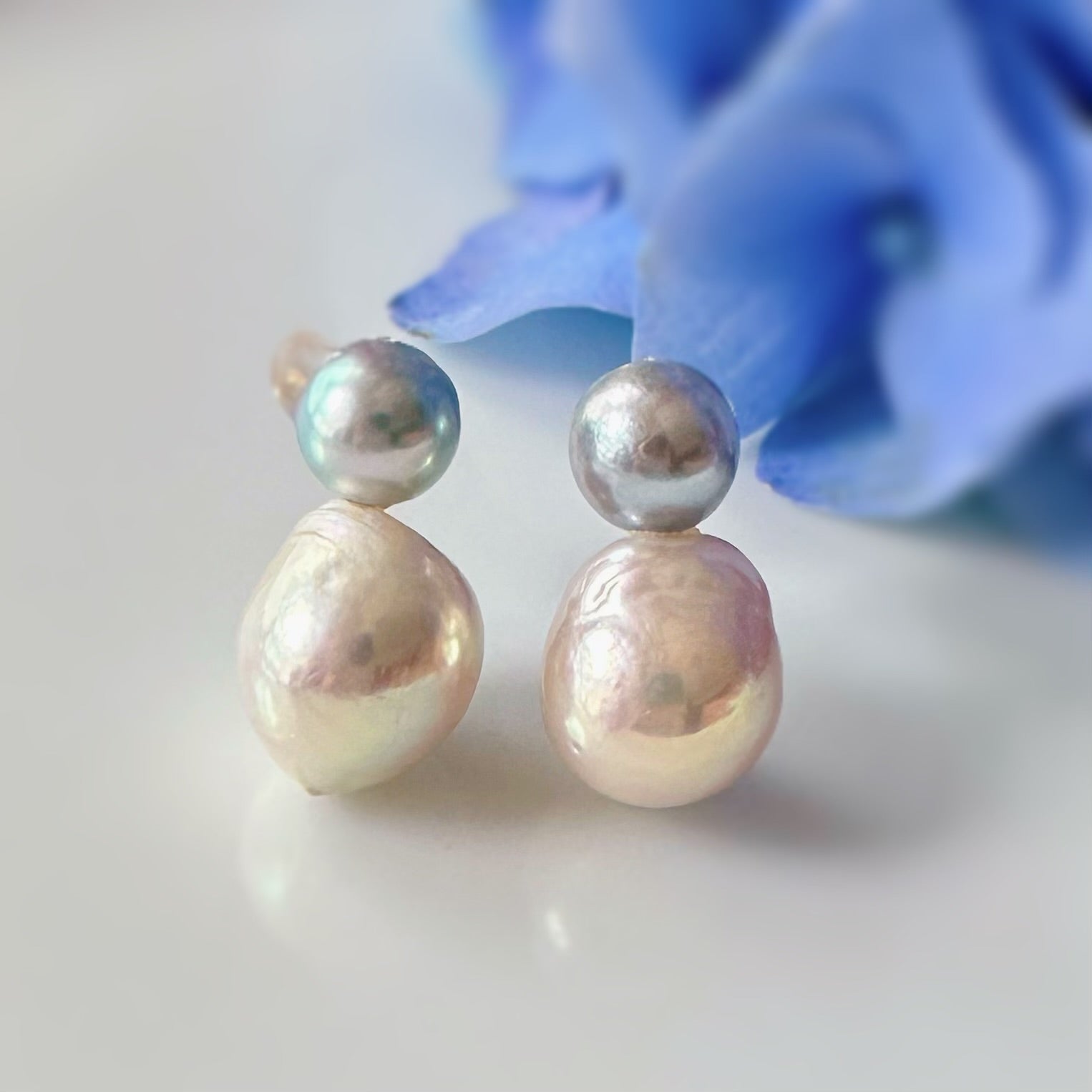 natural blue akoya twin pearl earrings