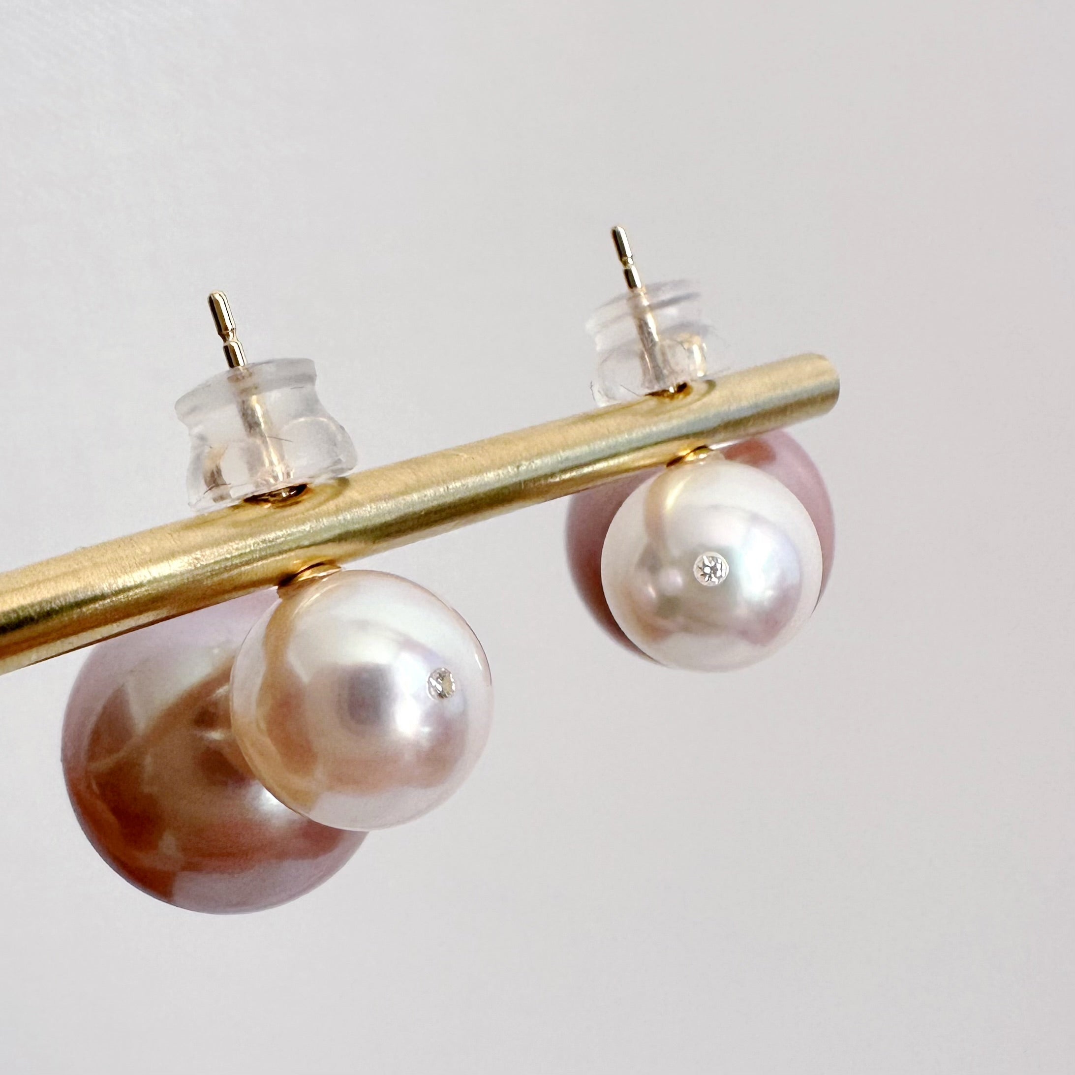 一点もの　k18 Akoya pink  pearl double  pearl ピアス - hikari pearl.