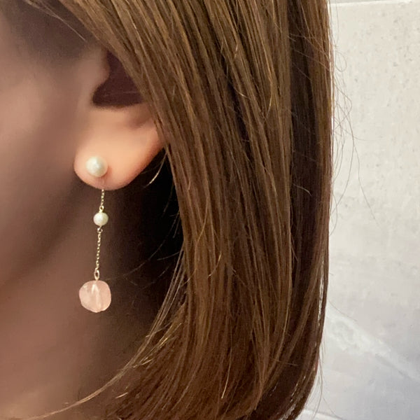 k10/k18 rose quartz  pearl  station charm ピンク　イヤリング