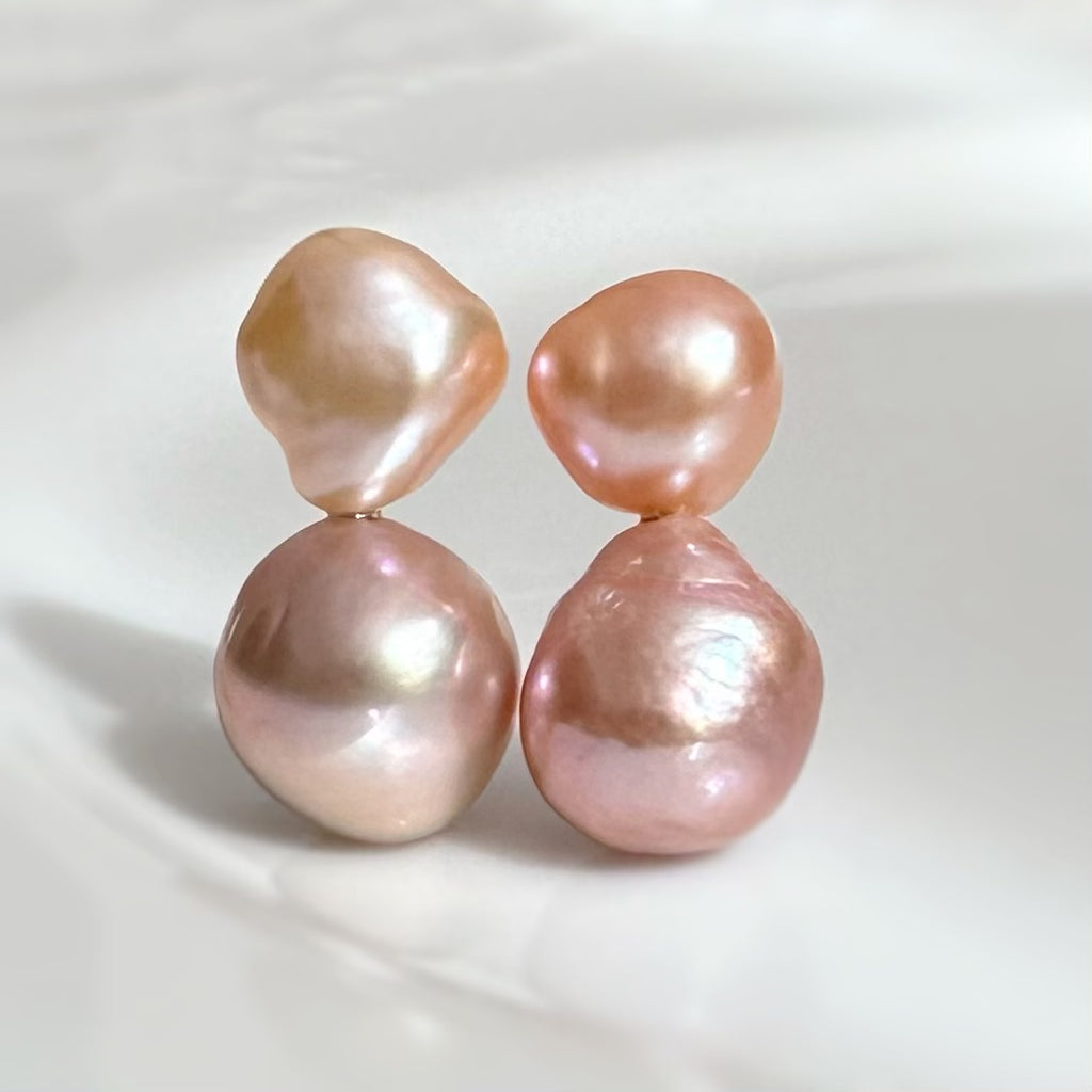 一点もの　k18 sunset color double  pearl ピアス - hikari pearl.