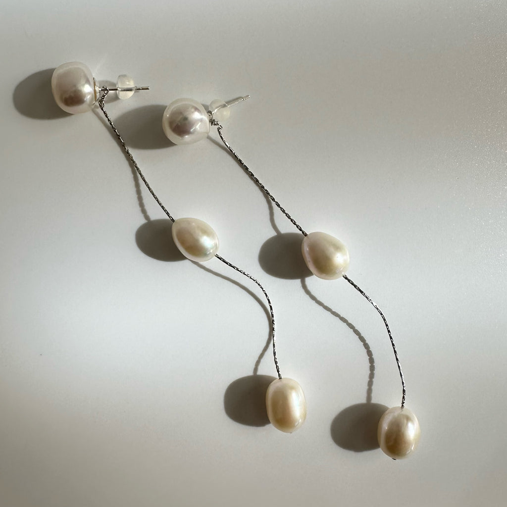 silver kobore long 3  pearl station weddingピアス イヤリング - hikari pearl.