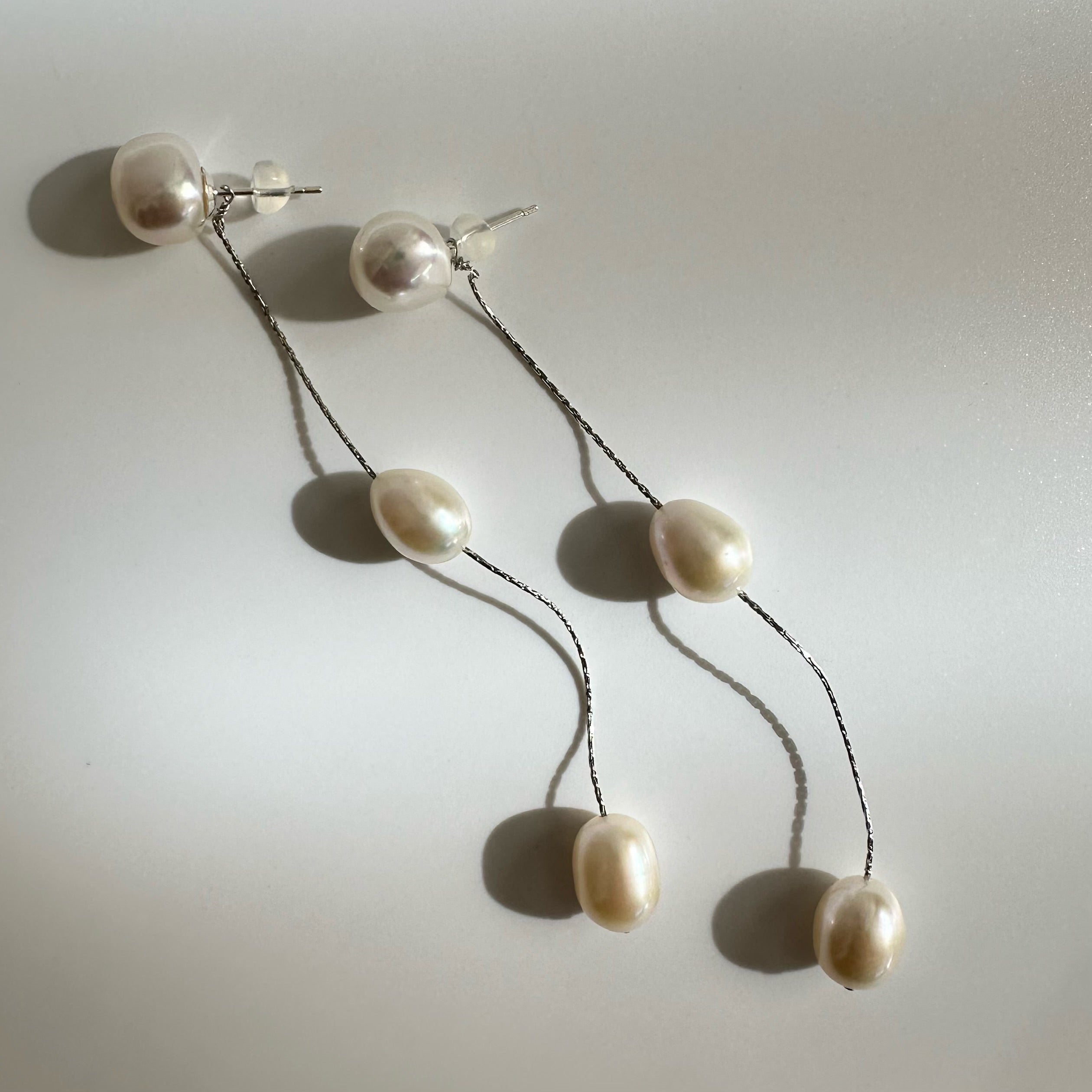 silver kobore long 3  pearl station weddingピアス イヤリング - hikari pearl.