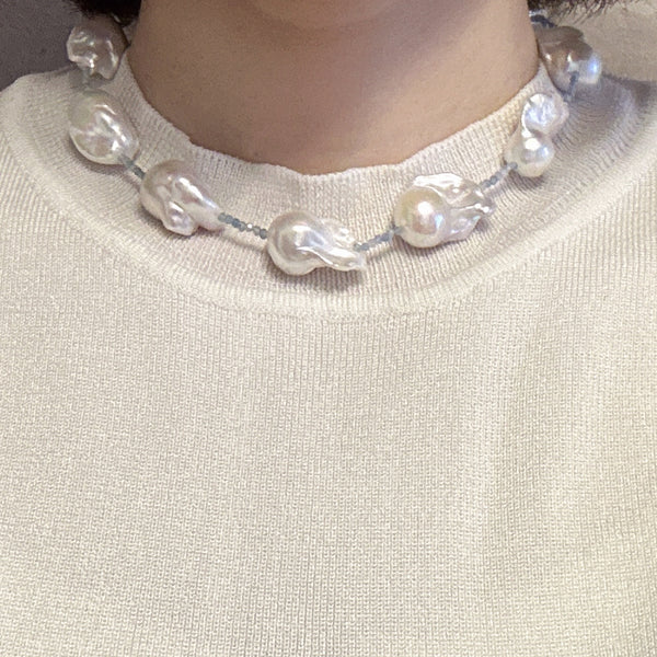aquamarine baroque  pearl station necklace