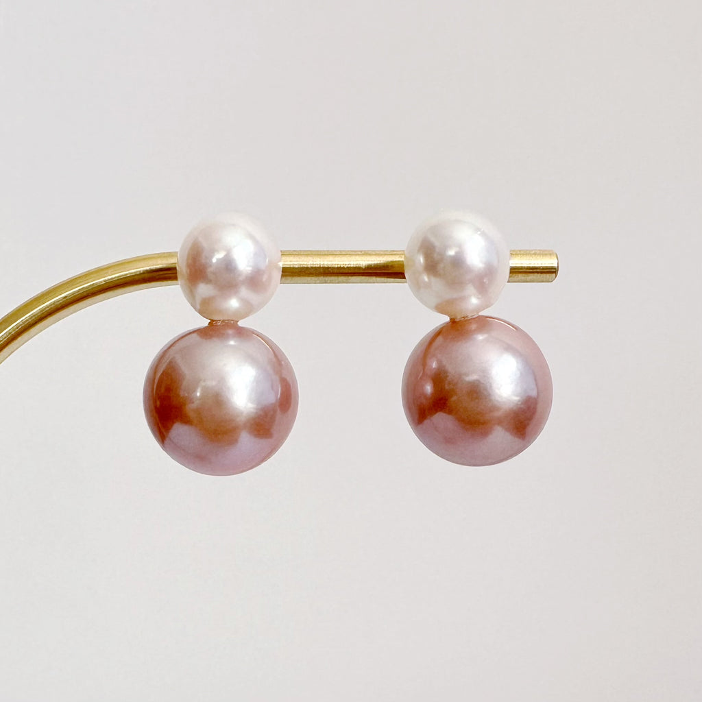 一点もの　k18 Akoya pink  pearl double  pearl ピアス - hikari pearl.