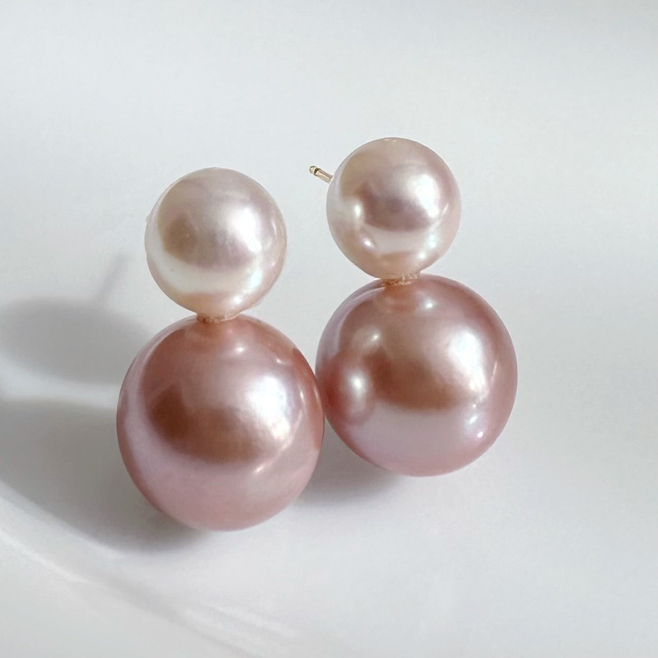 一点もの　k18 Akoya pink  pearl double  pearl ピアス - hikari pearl.
