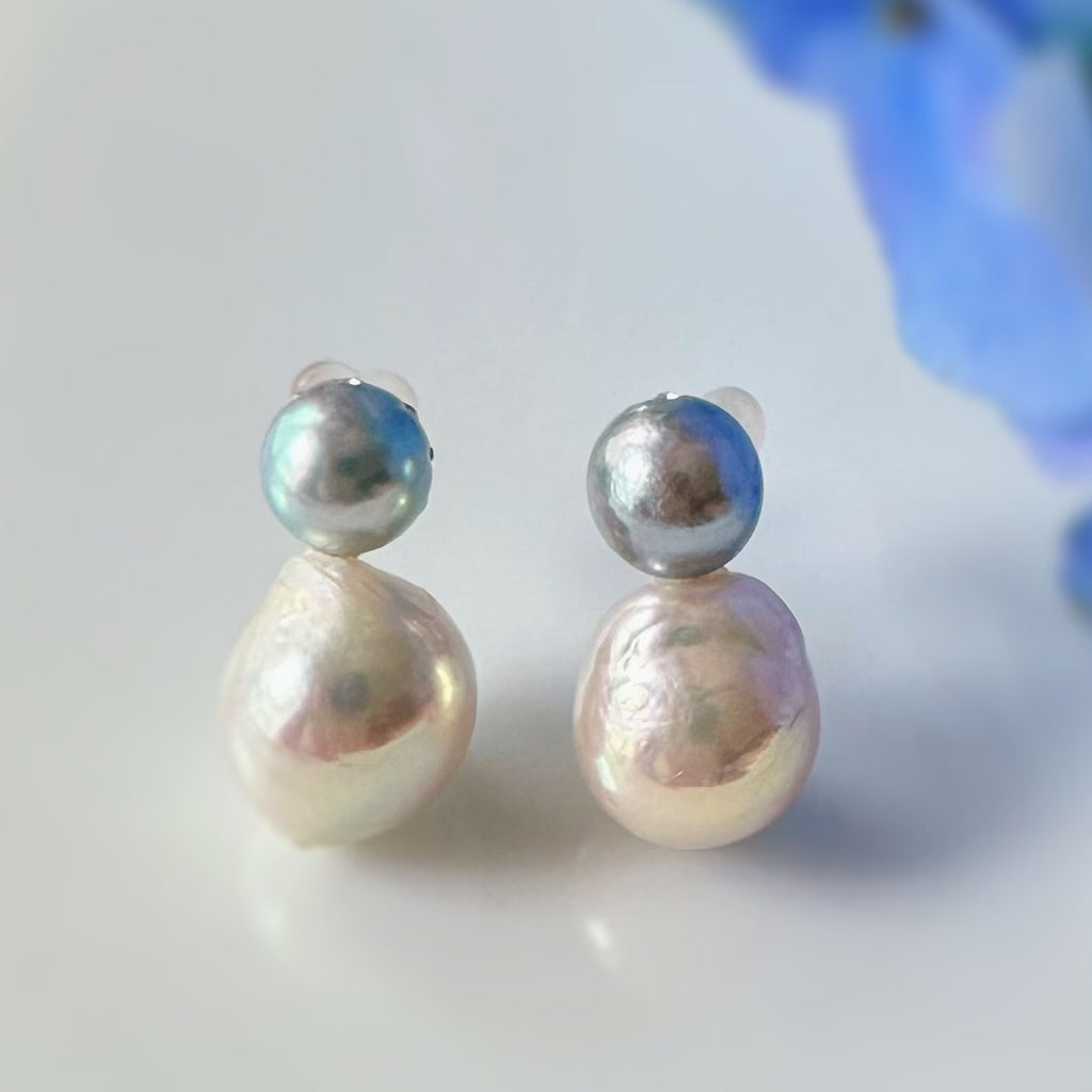 natural blue akoya twin  pearl ピアス　イヤリング - hikari pearl.