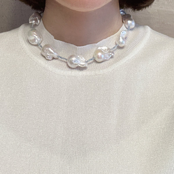 aquamarine baroque  pearl station necklace