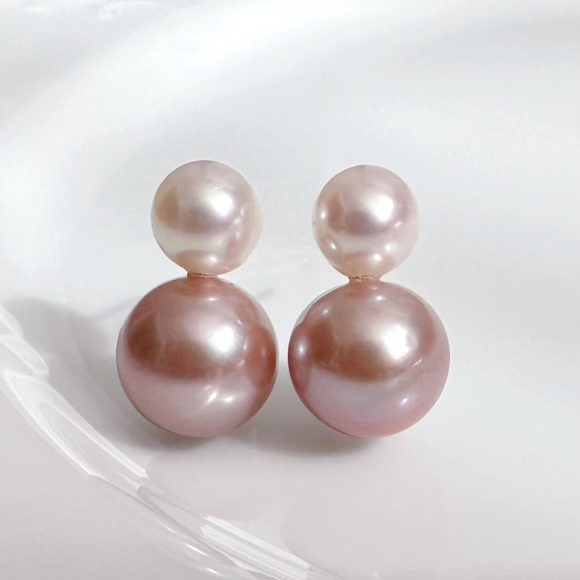 一点もの　k18 Akoya pink  pearl double  pearl ピアス - hikari pearl.