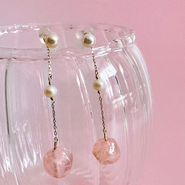 k10/k18 rose quartz  pearl  station charm ピンク　イヤリング