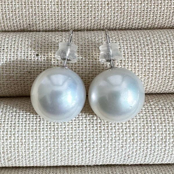 One-of-a-kind 14k white gold South Sea pearl earrings, 13.99mm