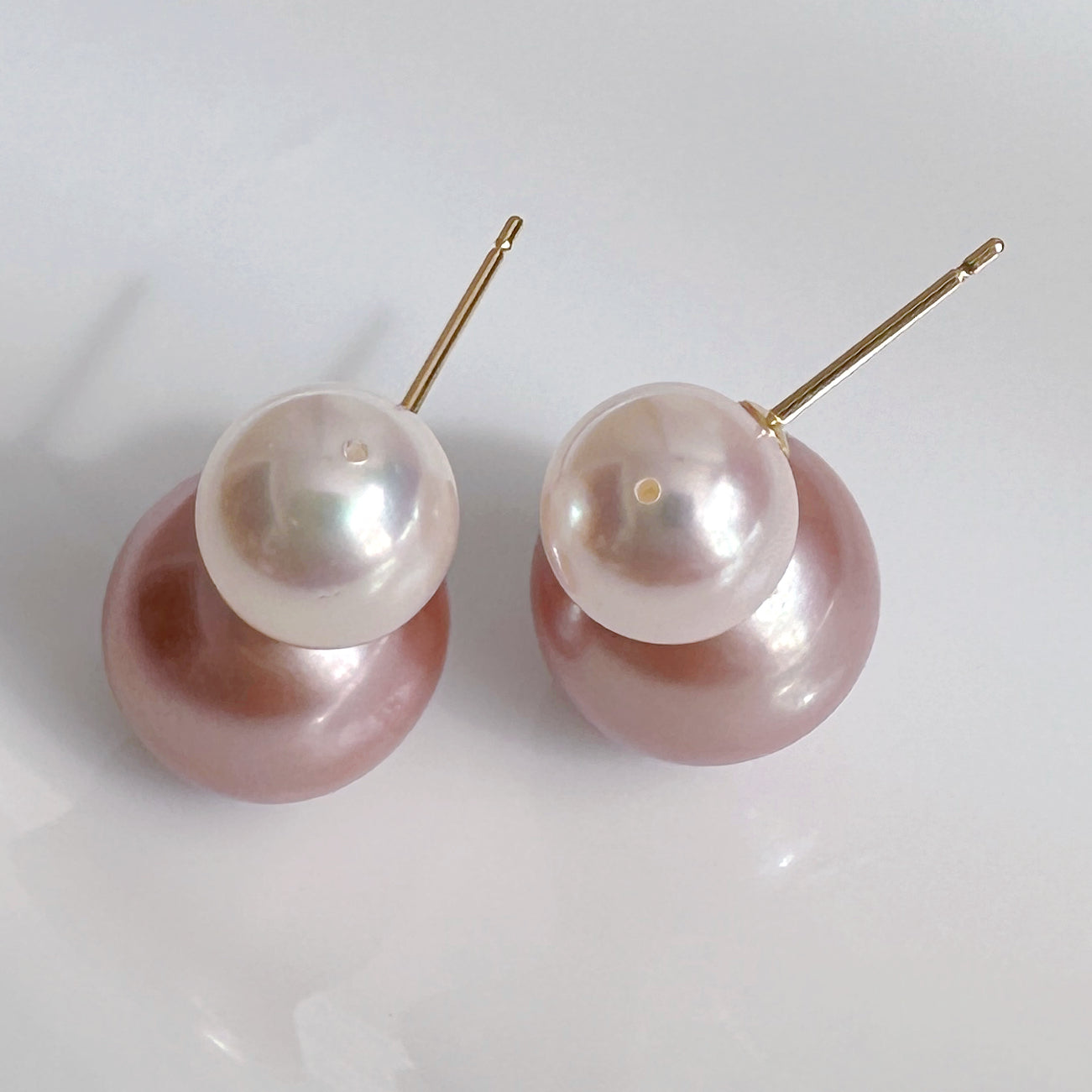 一点もの　k18 Akoya pink  pearl double  pearl ピアス - hikari pearl.