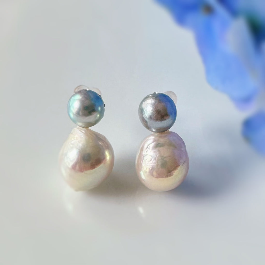 natural blue akoya twin  pearl ピアス　イヤリング - hikari pearl.