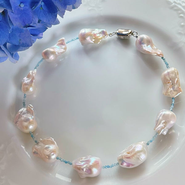 aquamarine baroque  pearl station necklace