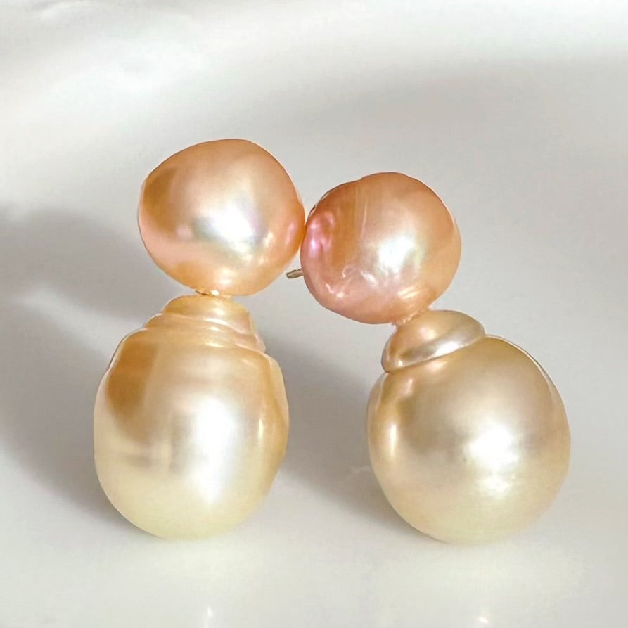 一点もの　k18 champagne color South Sea pearl ピアス - hikari pearl.