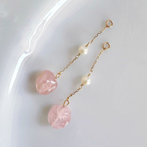 k10/k18 rose quartz  pearl  station charm ピンク　イヤリング