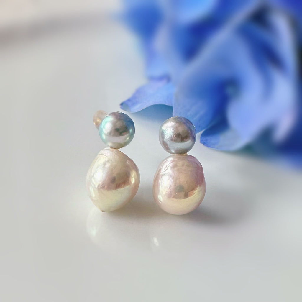 natural blue akoya twin  pearl ピアス　イヤリング - hikari pearl.