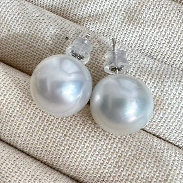 One-of-a-kind 14k white gold South Sea pearl earrings, 13.99mm