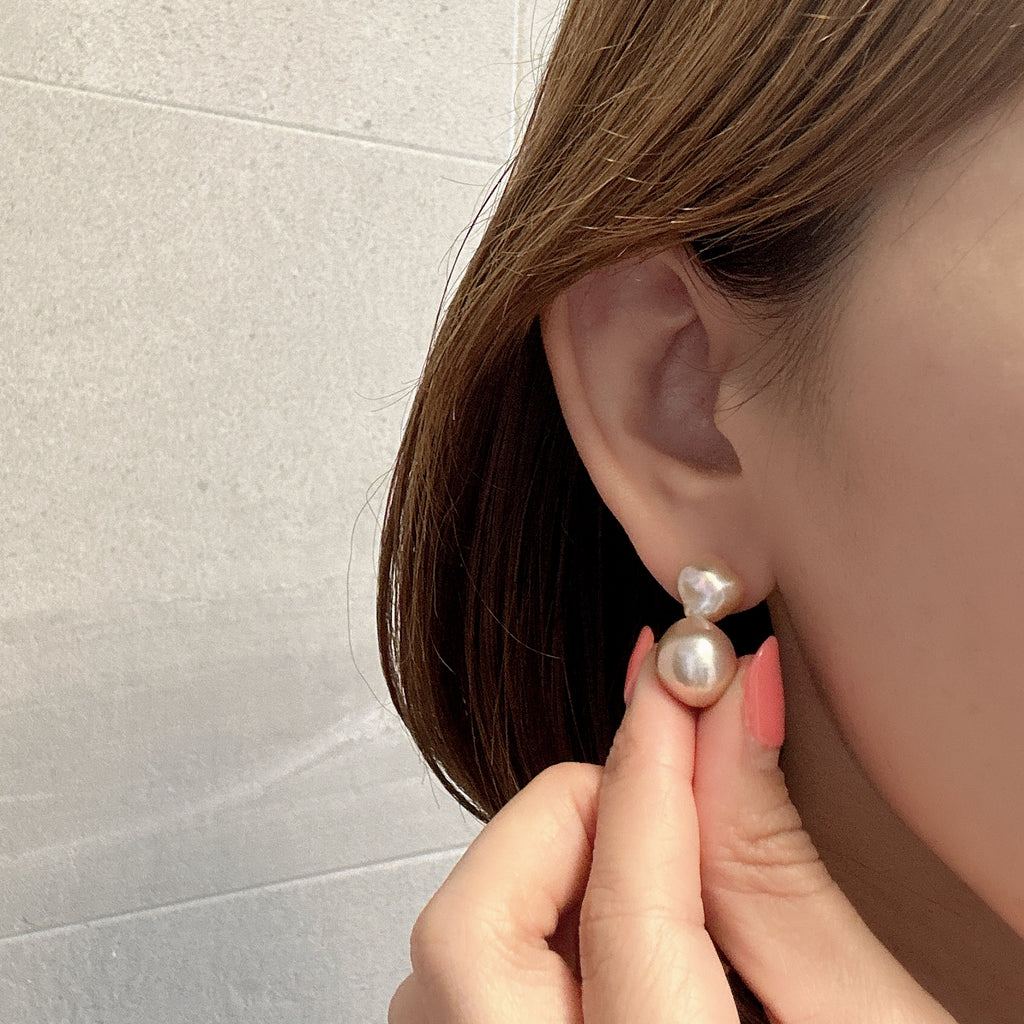 一点もの　k18 sunset color double  pearl ピアス - hikari pearl.