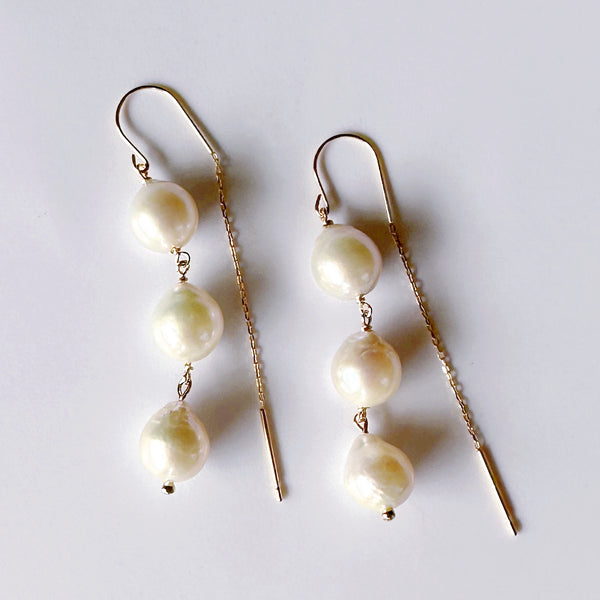 k18 tear drop 3  pearl hook chain wadding ピアス