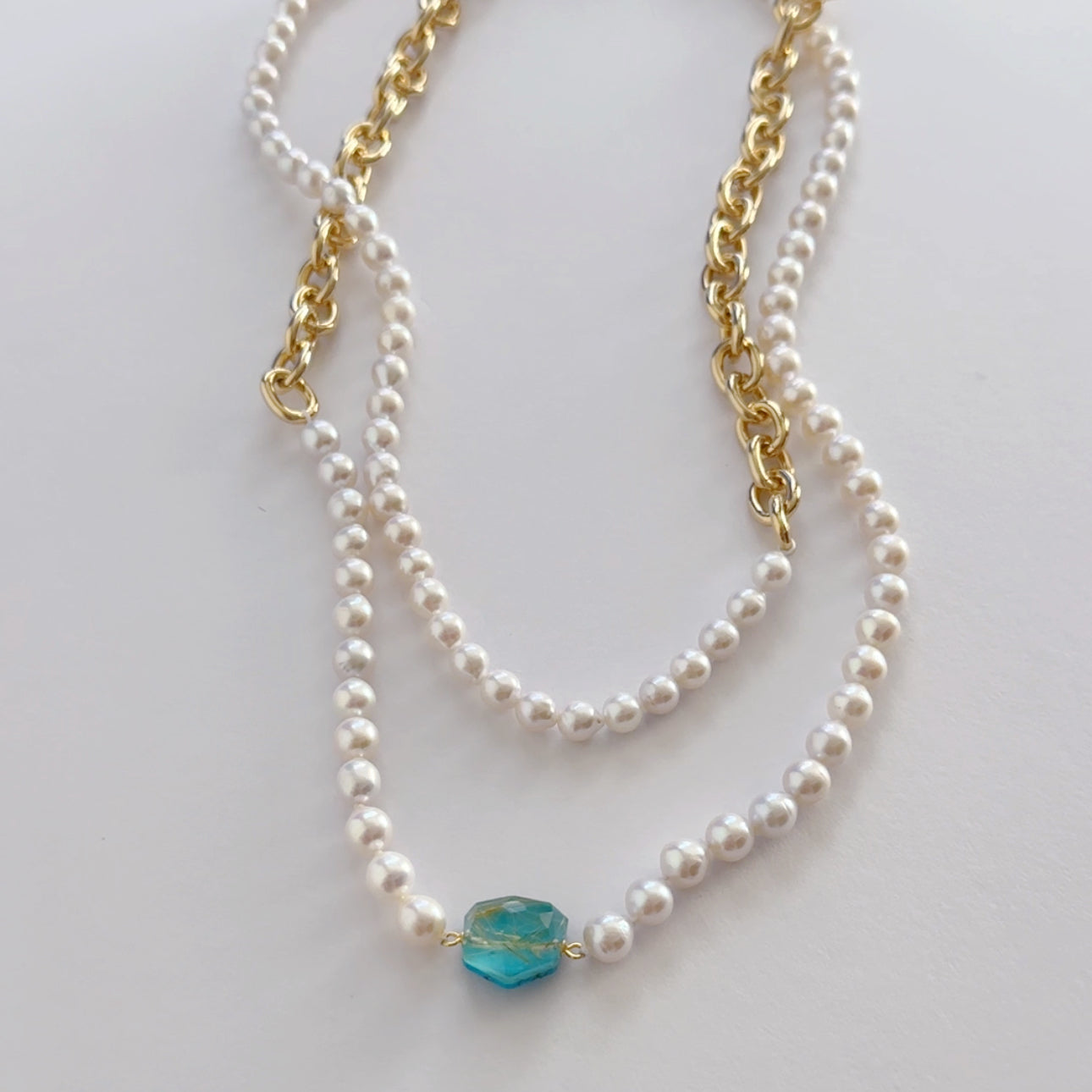 "celeste セレステ"  3way ロングパールネックレス　ターコイズ ルチルクォーツ　一点もの　14.9×11.9
