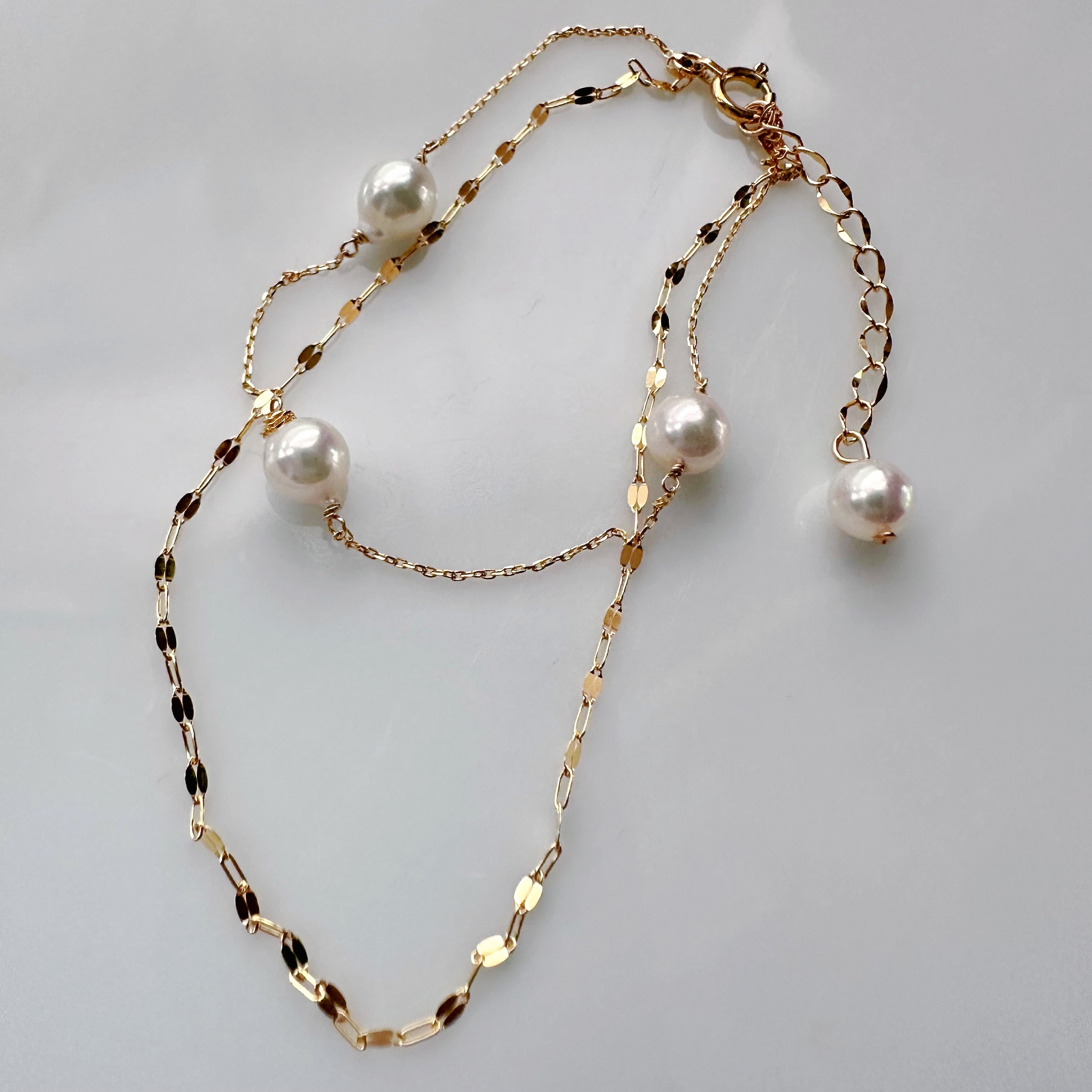 "leaf  リーフ" k10 k18  アコヤパール　２連チェーン　ブレスレット - hikari pearl.