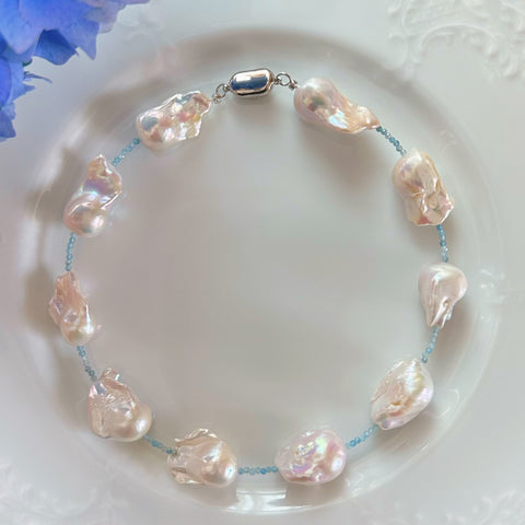 aquamarine baroque  pearl station necklace