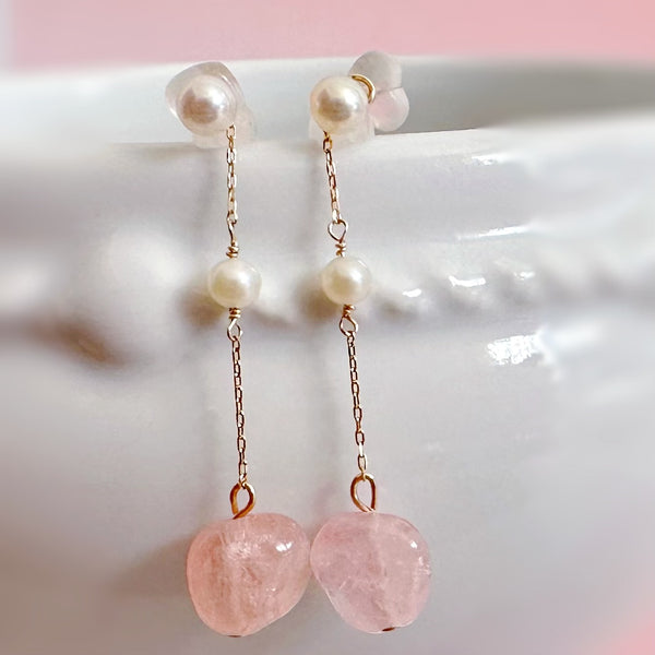 k10/k18 rose quartz  pearl  station charm ピンク　イヤリング