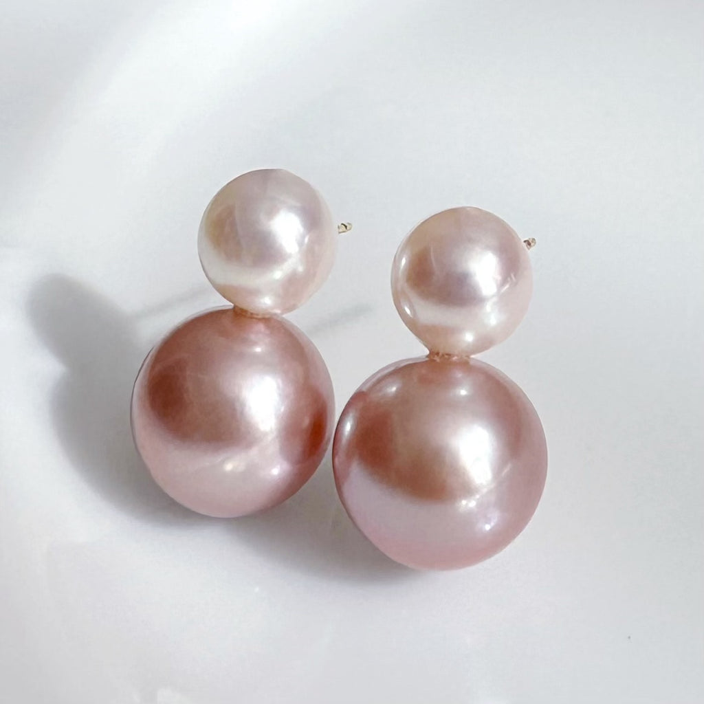 一点もの　k18 Akoya pink  pearl double  pearl ピアス - hikari pearl.