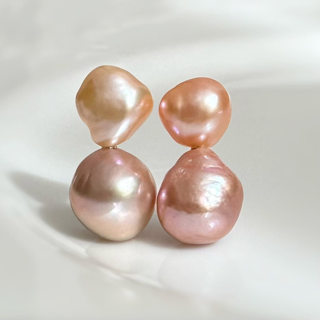 一点もの　k18 sunset color double  pearl ピアス - hikari pearl.