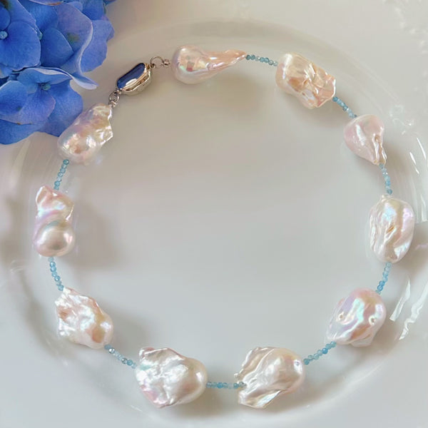 aquamarine baroque  pearl station necklace