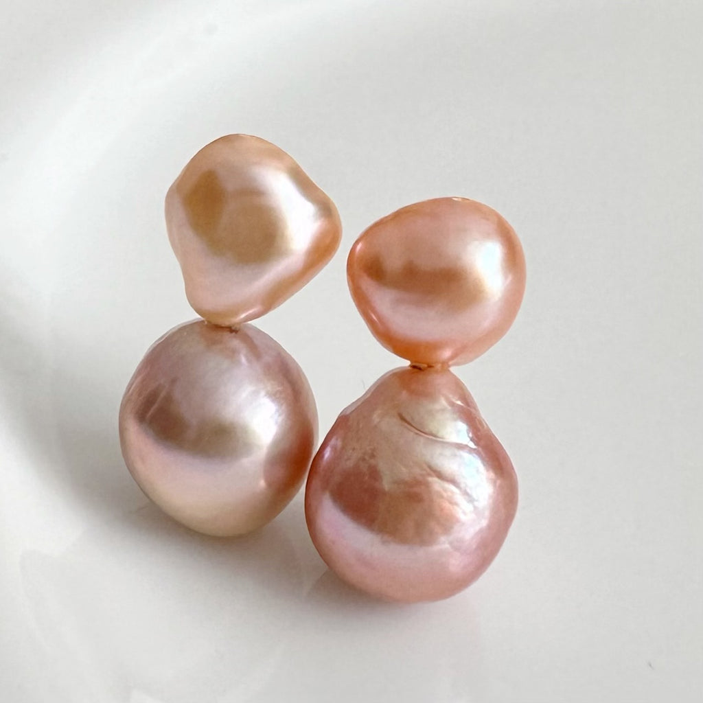 一点もの　k18 sunset color double  pearl ピアス - hikari pearl.