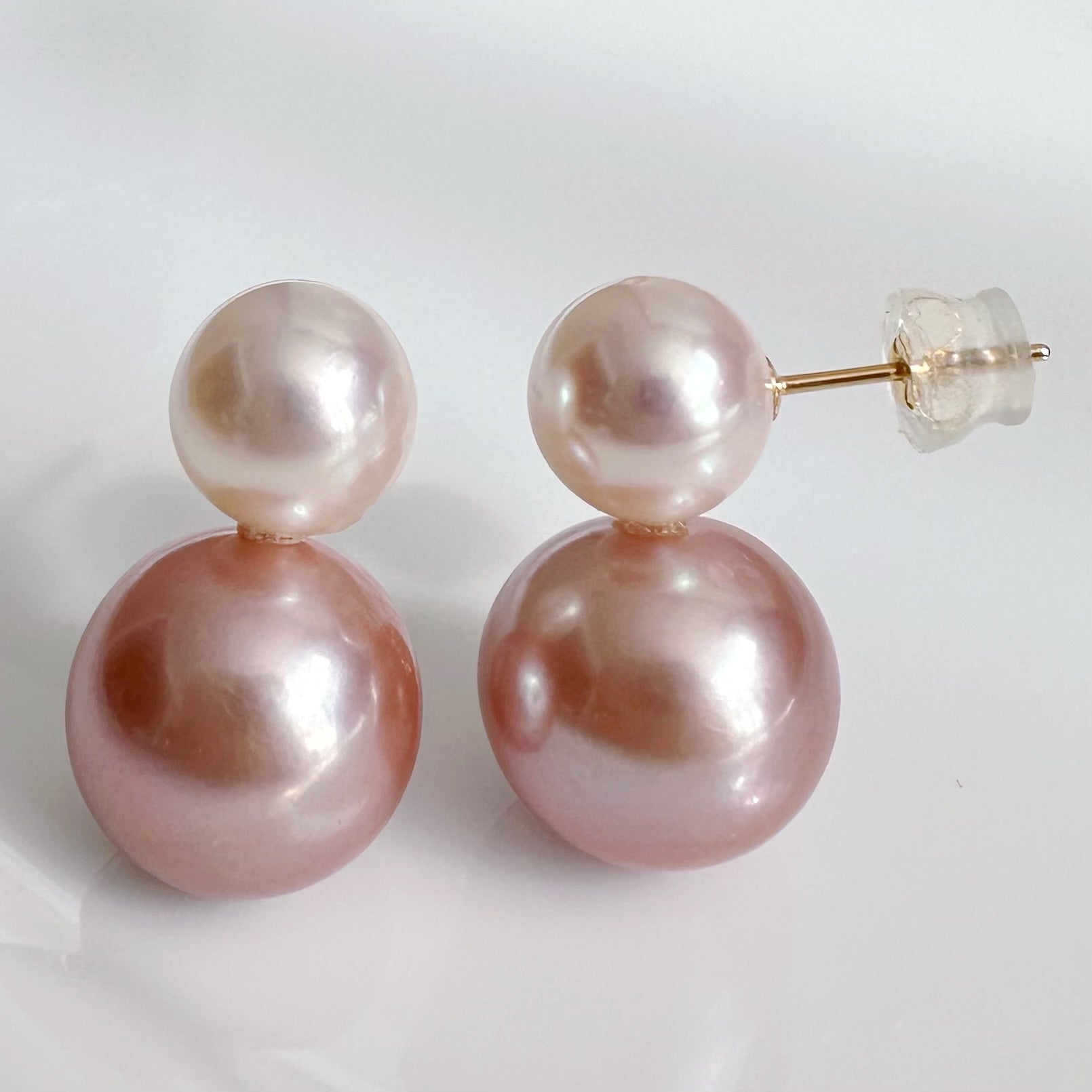 一点もの　k18 Akoya pink  pearl double  pearl ピアス - hikari pearl.