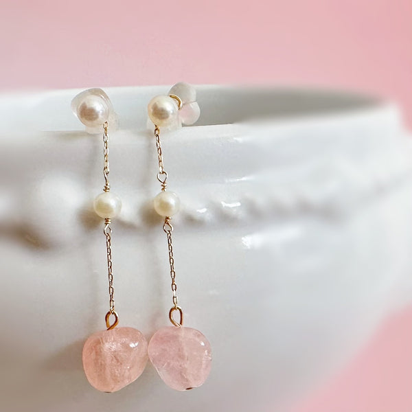 k10/k18 rose quartz  pearl  station charm ピンク　イヤリング