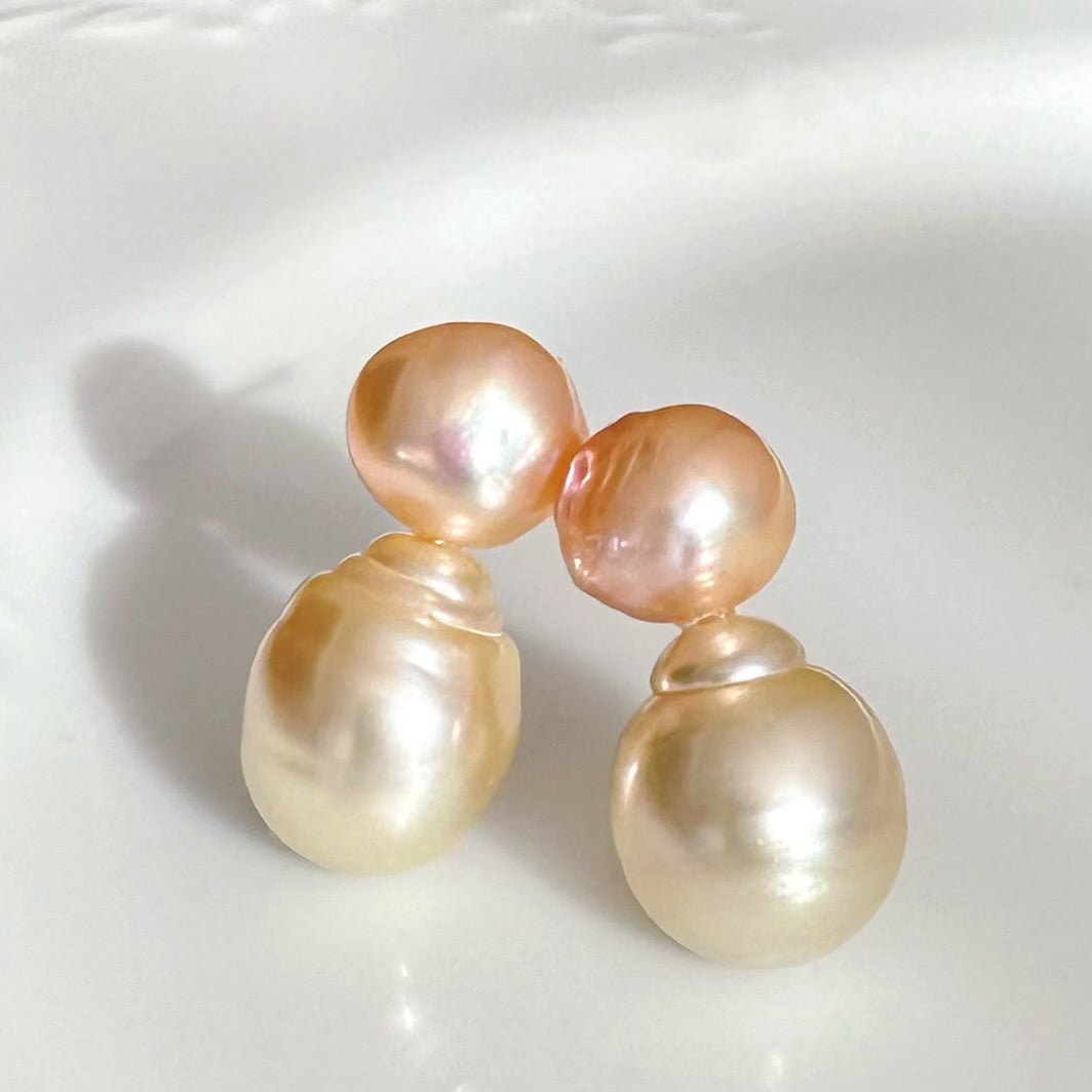 一点もの　k18 champagne color South Sea pearl ピアス - hikari pearl.
