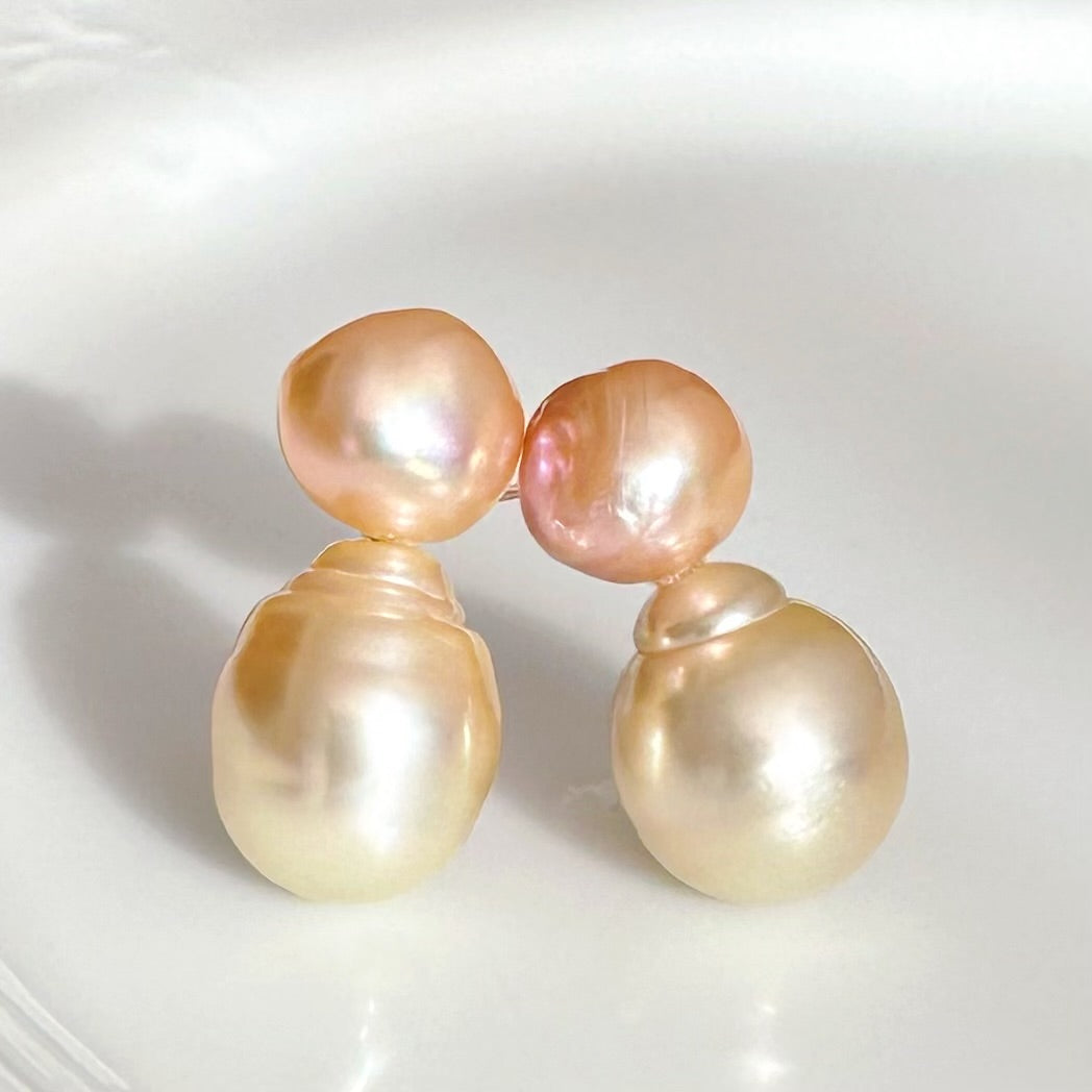 一点もの　k18 champagne color South Sea pearl ピアス - hikari pearl.